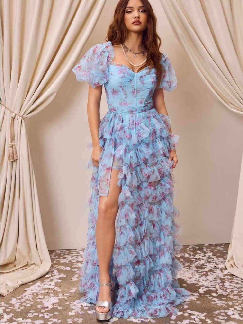 CIDER Blue Floral Ruffle Maxi Dress Small Cottagecore Puff Sleeve Fairycore